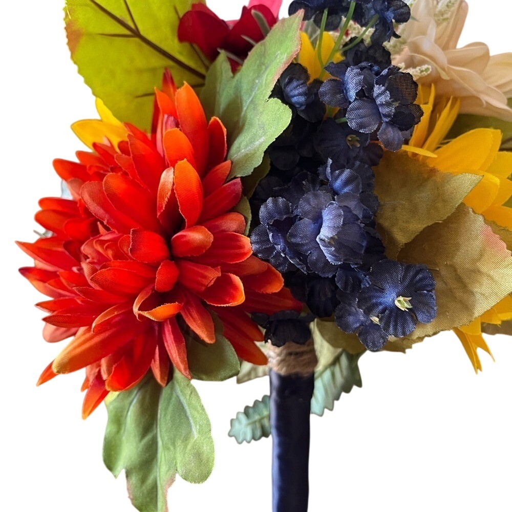Autumn Wedding Bouquet Boutonniere Set Sunflower Navy Blue Orange Silk Flowers